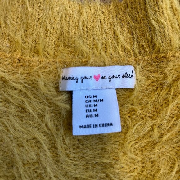 Yellow Mustard Cropped Long Sleeves Cardigan, Mohair/Faux Fur Chunky Soft Cozy - Picture 7 of 11